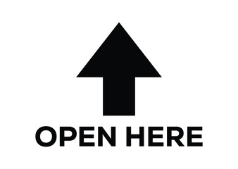 Minimalist black UPWARD arrow with "OPEN HERE" text in bold sans-serif font on a clean white background. Simple and functional design for signage, packaging, or instruction use.