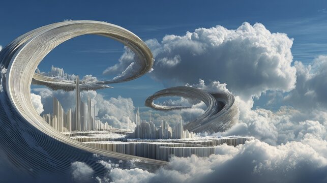 Surreal abstract background architecture lines bending gravity floating islands dreamlike fantasy landscape