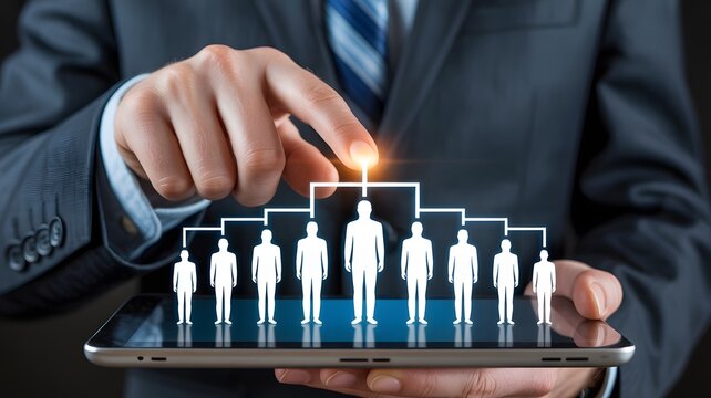 Businessman s hand touching a digital display of a diverse team of people symbolizing human resources talent management and recruitment strategies in a modern business setting