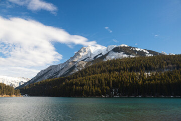 Scenic Mountain Lake View in Banff National Park Snow-Capped Peaks and Evergreen Forests