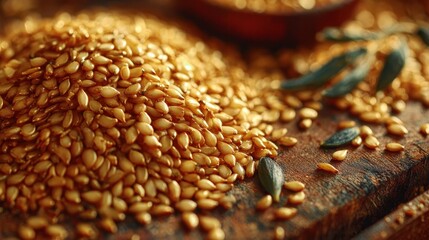 Obraz premium Golden Sesame Seeds Piled on Rustic Wooden Table Surface