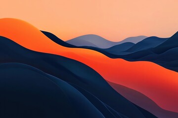 Abstract landscape with wavy gradient shapes blending orange and blue tones in minimalist style, modern art background for creative design and decoration.