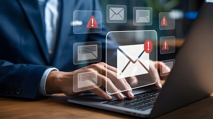 Businessman s hands typing on a laptop with digital email notifications and alerts appearing as holographic icons representing communication and digital correspondence