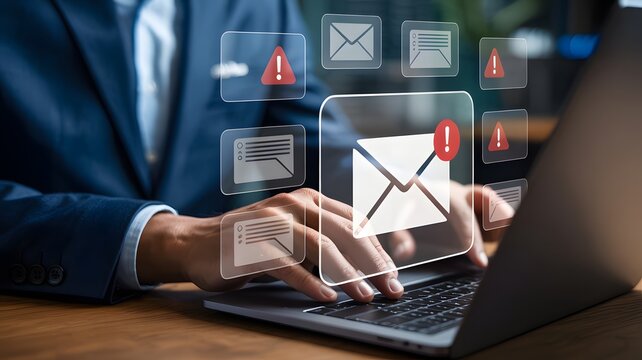 Businessman s hands typing on a laptop with digital email notifications and alerts appearing as holographic icons representing communication and digital correspondence