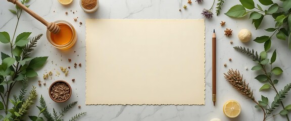 A blank paper surrounded by natural elements, ready for writing or design, with honey.