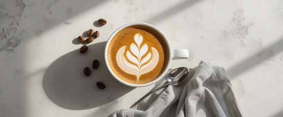 A cup of coffee with latte art, beans, spoon, and cloth.