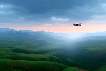 Drone flying over vast lush green landscape under cloudy sky, scenic aerial nature view