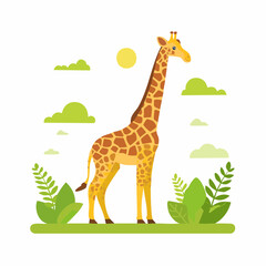 Fototapeta premium Aesthetic giraffe illustration standing tall in a natural landscape with sun and clouds