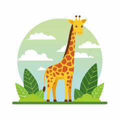 Fototapeta premium Cartoon Giraffe Amidst Lush Greenery, A Whimsical Wildlife Illustration with Serene Landscape