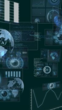 Animation of moving screens with scanning circles, graphs, globe and computer languages