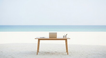 Fototapeta premium Minimalist office space on a white sand beach with a single desk and laptop