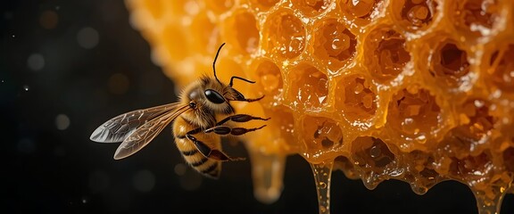 Close-up of a bee on a honeycomb with dripping honey against a dark background.