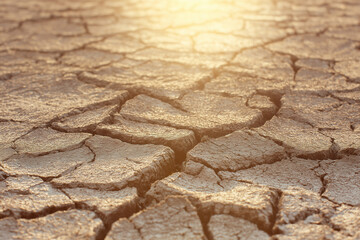 Fototapeta premium Close-up of dry, cracked earth with shimmer of heatwaves above the ground, strong desert sunlight