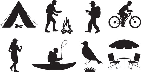 Silhouette Outdoor Activities Camping Fishing Hiking Biking Kayaking and Relaxing in Nature