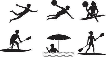 Silhouette People Enjoying Beach Activities on Transparent Background Vector Illustration