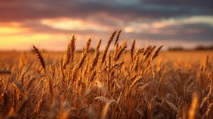 Obraz premium Golden Wheat Field Under Dramatic Sunset Sky Displaying Nature's Beauty