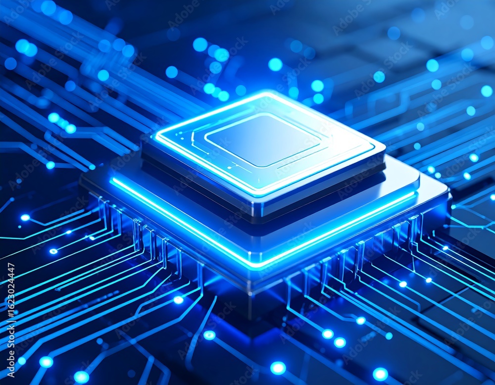 Poster futuristic microchip processor with glowing blue circuits for modern technology