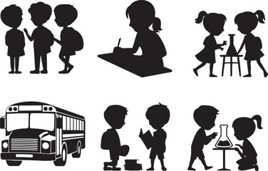 Silhouette Students Engaged in Various Activities School Bus Education Learning and Growing Together