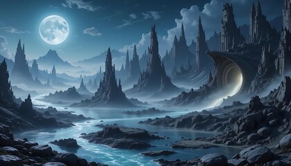 A serene, moonlit landscape of dark, jagged peaks and a winding river.