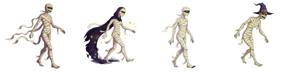 Fototapeta premium Set of isolated mummies walking at night with different appearances