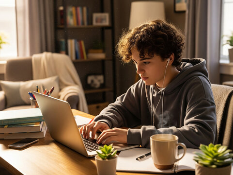 Teenage Student Working on Laptop