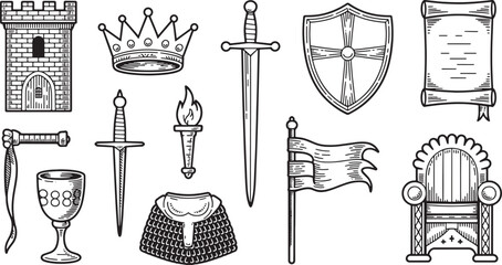 Medieval Era Line Art Collection Featuring Castle, Crown, Sword, Shield, Flag, and More