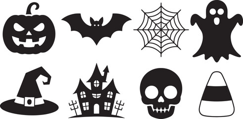 Halloween Silhouette Vector Set with Pumpkin, Bat, Spiderweb, Ghost, Hat, Haunted House, Skull, and Candy Corn