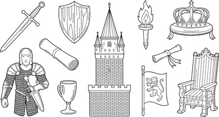 Medieval Era Line Art Collection Featuring Castle, Knight, Sword, Shield, Crown, and More