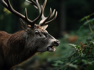 Majestic Red Deer Stag in Forest with Antlers on Display, Wildlife Portrait, and Nature.
