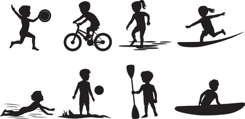 Silhouette Children Playing and Enjoying Outdoor Activities on Transparent Background Vector