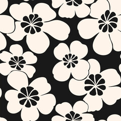 Funky black and white floral seamless pattern. Simple monochrome background texture with bold flowers. Retro vintage 1960s - 1970s inspired design. Trending abstract floral ornament. Repeated design
