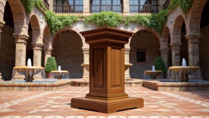 Obraz premium Ornate wooden pedestal in a spanishstyle courtyard with fountains