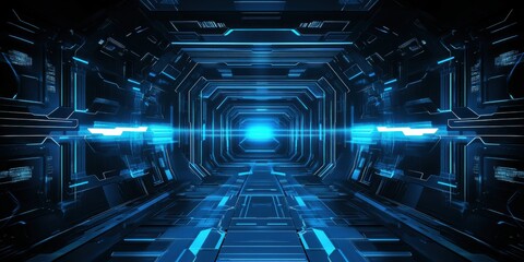 Futuristic tunnel with blue glowing lights and digital patterns, modern technology corridor with abstract cyber design and virtual atmosphere