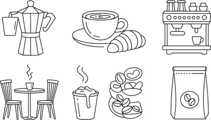 Coffee Shop Icons Set Outline Style Vector Illustration with Espresso Maker and Coffee Beans