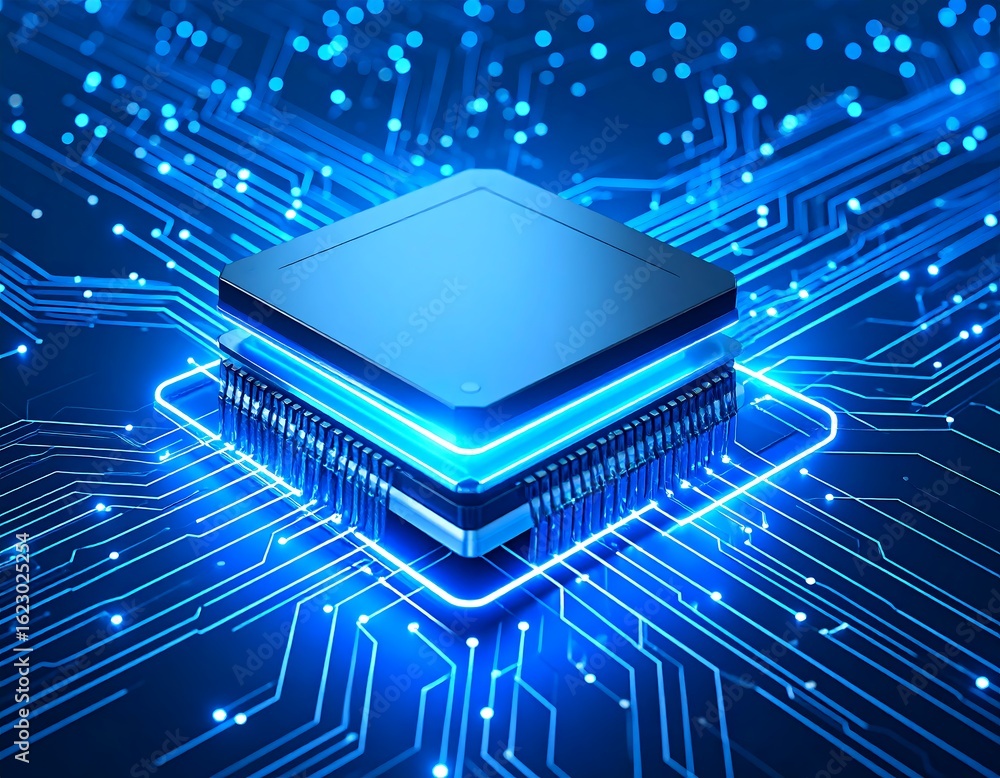 Poster futuristic microchip technology with interconnected circuitry and blue illumination