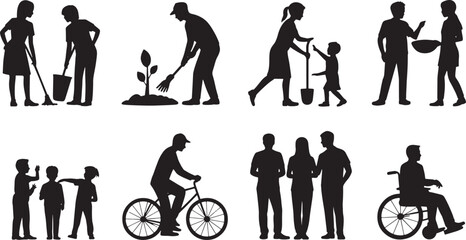 Diverse Community Volunteers and Activities Silhouette Set Outdoor Lifestyle and Social Engagement