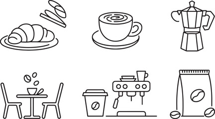 Elegant Coffee Shop Line Art Illustration Featuring Croissant, Coffee Cup, and Moka Pot Icons