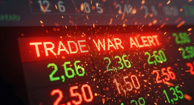 Urgent Trade War Alert Flashing Across Digital Ticker Board Amidst Falling Stock Prices And Sparks Flying