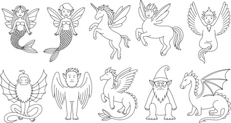 Enchanting Line Art Collection of Mythical Creatures on Transparent Background for Creative Projects and Designs
