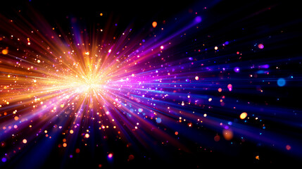 Naklejka premium 横方向に広がるオレンジ光束と粒子のフレア背景