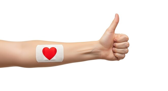 A person's arm with a heart-adorned bandage after a successful blood donation, giving a thumbs-up for health and charity.
