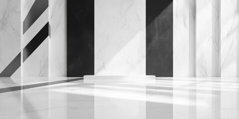 Podium with marble floor and wall in abstract modern minimal interior. White and black vertical architecture for product display, presentation and design template.