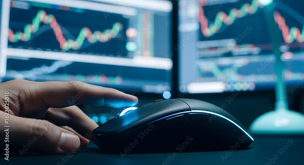 Poster precise fingertip controls market data, navigating financial charts with precision on a computer mou