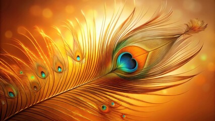 Obraz premium A Single Golden Peacock Feather with Vibrant Eyespot Details Against a Warm, Bokeh Background