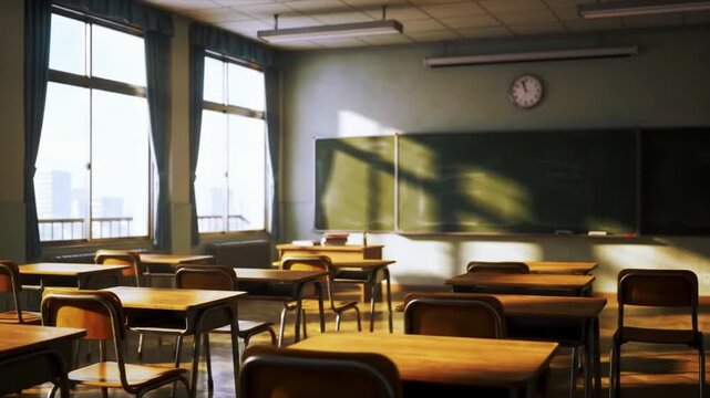 A photorealistic shot of an empty classroom with desks and chalkboard