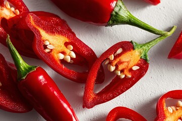 Fresh red chili peppers, whole and sliced, with seeds on a white textured surface
