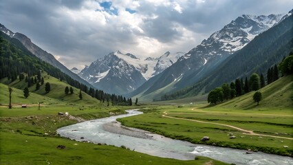 The majestic Alps, a panorama of snow-capped peaks, lush green valleys, and crystal-clear lakes,lake, mountain, landscape, nature, water, mountains, sky, reflection, river, snow, clouds, alps, tree, s