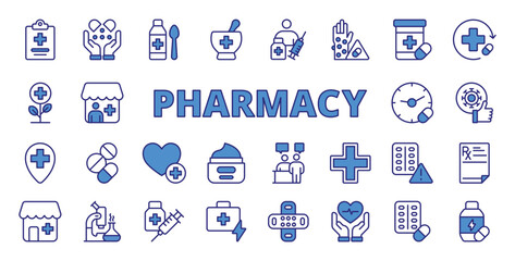 Pharmacy icons in line design blue. Pharmacy, medicine, prescription, pharmacist, drugstore, pills, medication on white background vector. Pharmacy editable stroke icons