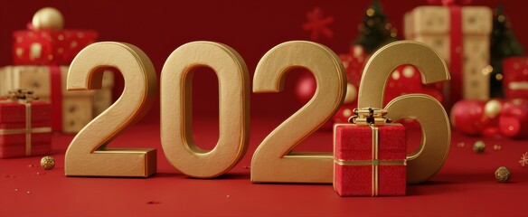 3D Golden Numbers "2026" with Gift Boxes on Red Background