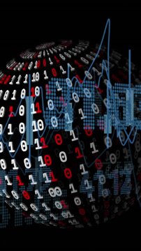 Animation of graphs, binary codes forming globe and changing numbers over black background
